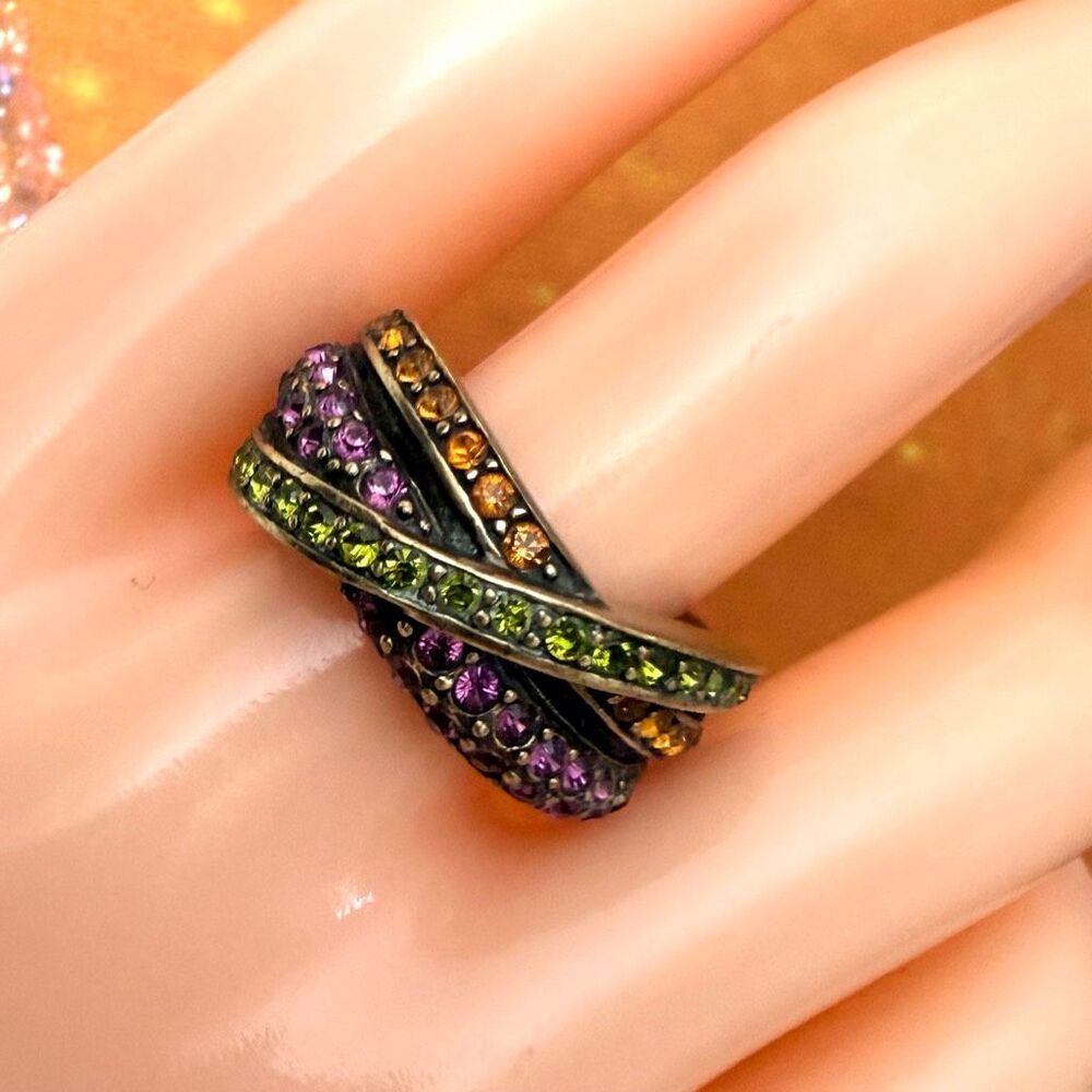Heidi Daus Purple Green Orange Austrian Crystal Criss Cross Ring